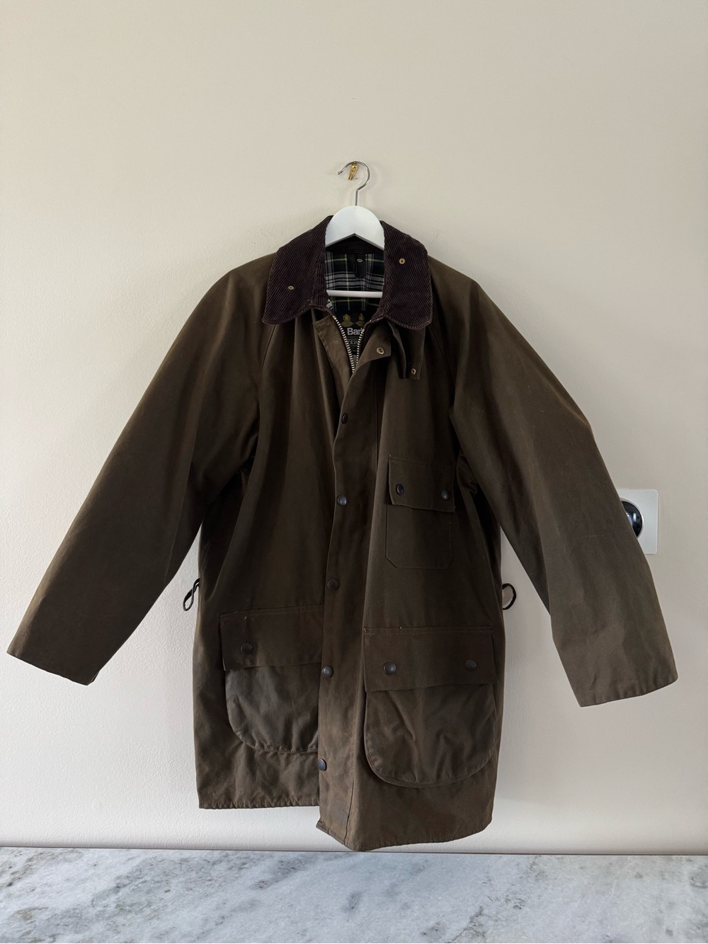Barbour Dark Olive Green Trench Coat with Brown Corduroy Collar